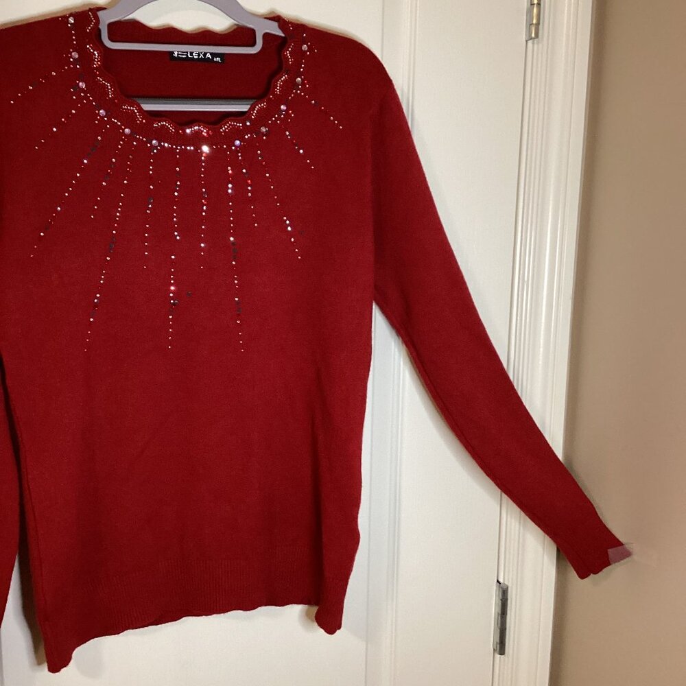 Elexa Women's Red Sweater Size M/L Wool Blend Rhinestones Scalloped Neck Party - Picture 2 of 9